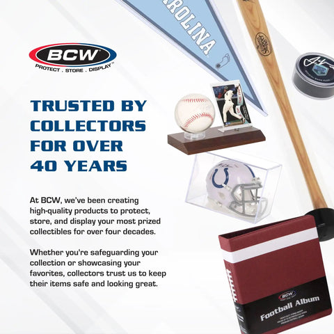 Display of sports collectibles including baseball display case and BCW football album