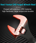 Close-up of adjustable spud wrench head with laser scales, part of Three Piece Adjustable Spud Wrench Set With 8 Inch 10 Inch And 12 Inch Sizes Black Oxide Finish Hardened CR V Steel SAE And Metric Scale Markings Laser Engraved For Precision Alignment Holes And Tail Crowbar Features.