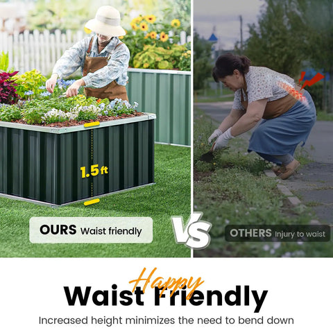 Comparison of waist-friendly galvanized raised garden bed vs traditional ground planting, highlighting ergonomic gardening benefits.