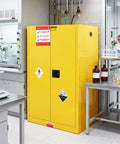 Pro Grade 90 Gallon Flammable Safety Cabinet Built Tough As Nails With Double Manual Doors For Industrial Shops OSHA Certified Flammable Liquid Storage Locker In Bright Yellow in a lab setting.