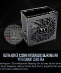 Beefy 850W ATX 3.1 Power Supply With Native PCIe 5.1 Connector, 80 Plus Gold Efficiency, Smart Zero Fan, Quiet Operation, 12V 2x6 Pin Support, Rugged Build, 5 Year Warranty For High End Gaming Rigs; front view with Smart Zero Fan
