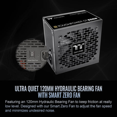 Beefy 850W ATX 3.1 Power Supply With Native PCIe 5.1 Connector, 80 Plus Gold Efficiency, Smart Zero Fan, Quiet Operation, 12V 2x6 Pin Support, Rugged Build, 5 Year Warranty For High End Gaming Rigs; front view with Smart Zero Fan