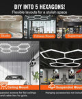 Five Hexagon LED Garage Light Kit With T5 Tube Panels in various installations including yoga studio, fitness room, and supermarket.