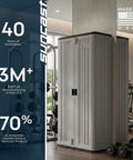 72 Inch Tall Resin Garage Organization Storage Cabinet Freestanding Utility Closet With Shelving For Garden Supplies Paint Cans And Outdoor Tools Lockable Platinum Finish Built Tough And Rust Resistant in a modern gym setting.