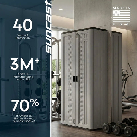 72 Inch Tall Resin Garage Organization Storage Cabinet Freestanding Utility Closet With Shelving For Garden Supplies Paint Cans And Outdoor Tools Lockable Platinum Finish Built Tough And Rust Resistant in a modern gym setting.