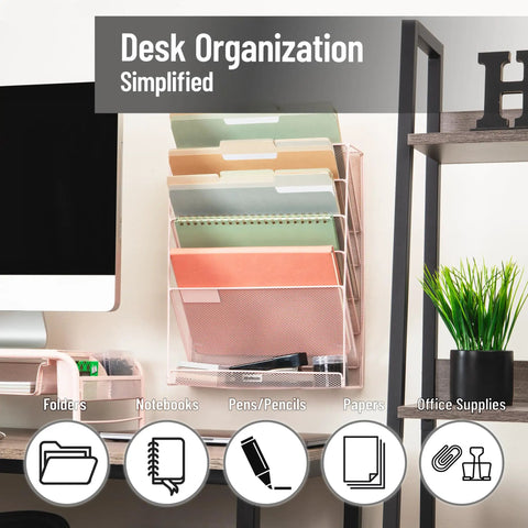Top Shelf Pink Metal Mesh Vertical File Storage Desktop Organizer With Hella Angled Pockets For Folders And Documents Wall Mount Ready For Offices And Home Desks To Keep Your Workspace Slick
