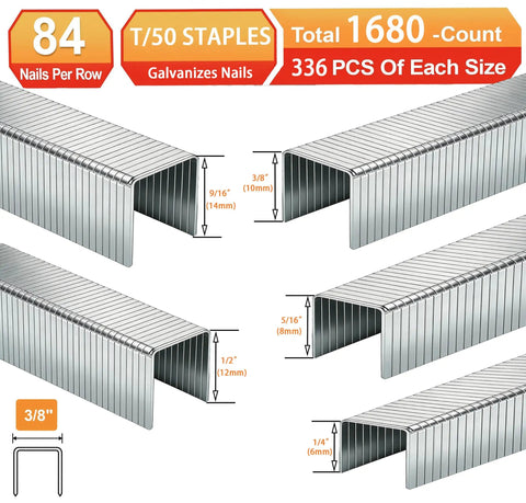 Kickass Pro Grade T50 Staple Gun Staples For Upholstery And Furniture Repair Features Five Assorted Sizes With Heavy Duty Galvanized Steel 1680-count.