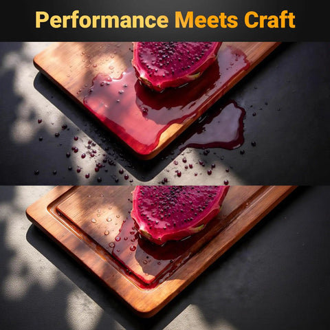 Slick Adjustable Juice Groove Router Jig For Cutting Boards Up To 30 X 23 Inches with juice on wood, showcasing cutting board use.