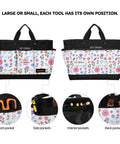 Deluxe Garden Tool Tote Bag With Pockets, Wear Resistant Reusable 14 Inch Organizer, white floral design, side view with tools.