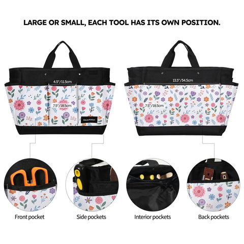 Deluxe Garden Tool Tote Bag With Pockets, Wear Resistant Reusable 14 Inch Organizer, white floral design, side view with tools.
