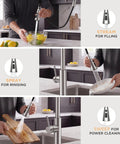 FORIOUS Kitchen Faucet with Pull Down Sprayer, High Arc, Brushed Nickel in use for filling a bowl and rinsing dishes.