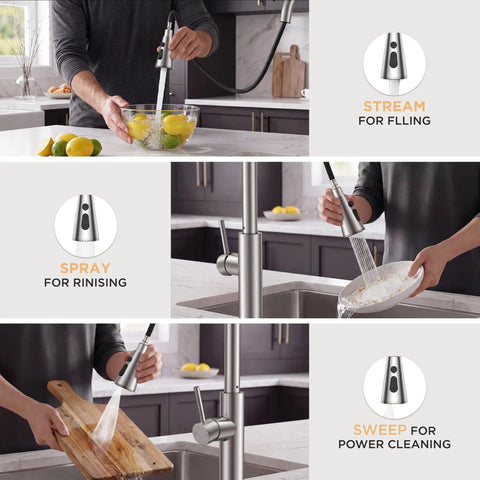 FORIOUS Kitchen Faucet with Pull Down Sprayer, High Arc, Brushed Nickel in use for filling a bowl and rinsing dishes.