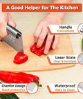 Person using Stainless Steel Pastry Scraper Cutter Chopper With Measuring Scale to chop a red pepper on a cutting board