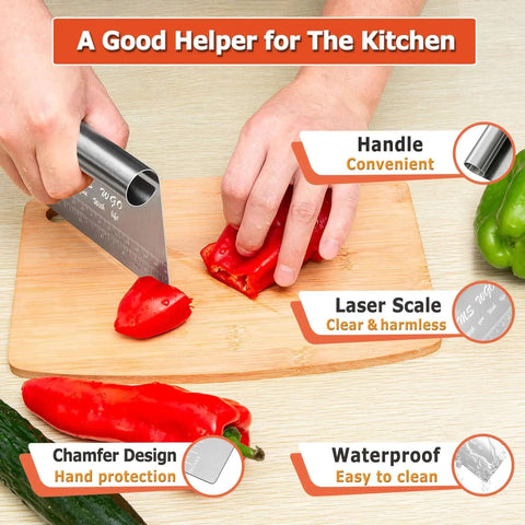 Person using Stainless Steel Pastry Scraper Cutter Chopper With Measuring Scale to chop a red pepper on a cutting board