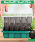 Hands holding transparent plastic Seed Starter Tray With Grow Light Kit 80 Cells Humidity Dome 2 Pack Indoor Germination System.