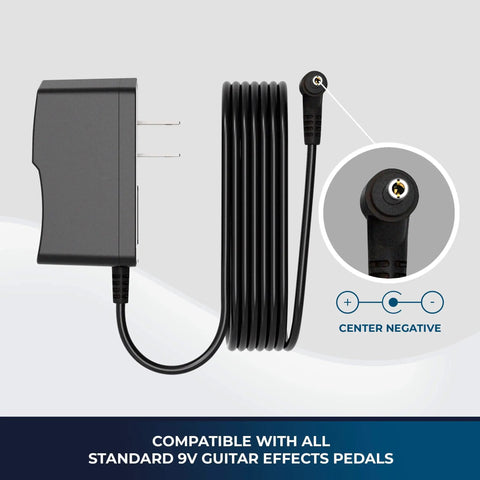Beefy 9V Guitar Pedal Power Supply With 1.7A Regulated Output Center Negative Tip beside coiled cable.