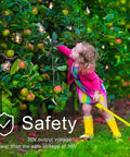 Child reaching for apples with 52 Foot Dimmable LED Outdoor String Lights With Remote Dimmer Waterproof Patio Lighting visible in background.