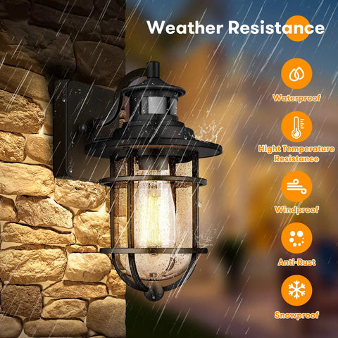 Motion Sensor Outdoor Wall Lantern With Seeded Glass Dusk To Dawn Waterproof Exterior Sconce in rainy environment
