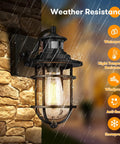 Set Of 2 Motion Sensor Outdoor Wall Lanterns No Brainer Setup Dusk To Dawn Waterproof Exterior Sconce With Seeded Glass Black Wall Mount Light Fixture For Porch Doorway And Garage E26 Socket Motion Activated in rain showing weather resistance features.