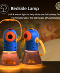 Illustrated bedside lamp with soft glow, featuring a Kids Story Projector Kit With 12 Reels For Ages 3 To 5 next to a sleeping child.