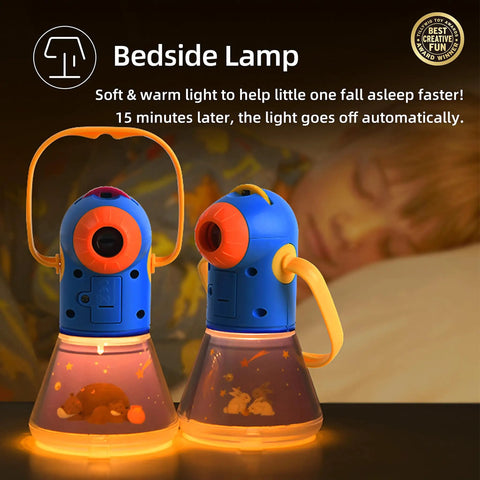 Illustrated bedside lamp with soft glow, featuring a Kids Story Projector Kit With 12 Reels For Ages 3 To 5 next to a sleeping child.