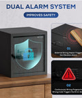 Biometric Safe Box With Fireproof Bag, Quick-Access Fingerprint Sensor, Dual Alarm System displayed on wooden shelf.