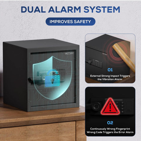 Biometric Safe Box With Fireproof Bag, Quick-Access Fingerprint Sensor, Dual Alarm System displayed on wooden shelf.
