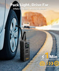 Cordless Tire Inflator With Gauge Up To 160 PSI Portable Car Air Pump attached to car tire on the road for quick inflation