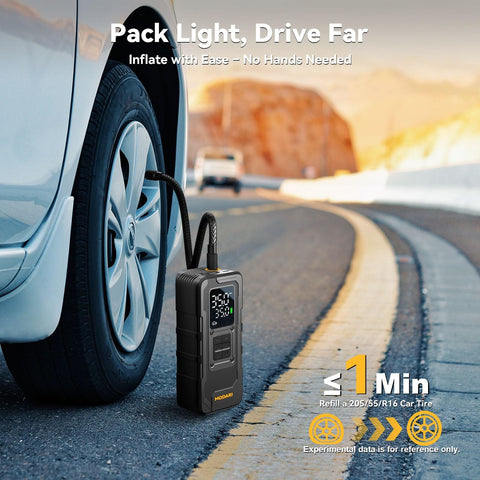 Cordless Tire Inflator With Gauge Up To 160 PSI Portable Car Air Pump attached to car tire on the road for quick inflation