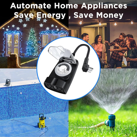Heavy Duty Waterproof Outdoor Light Timer 24 Hour Dual Socket Plug With 48 Settings For Christmas Lights Pool Pumps And Garden Irrigation Rock Solid 2 Pack displayed with outdoor settings and use cases.