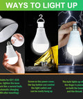 Rechargeable Emergency Light Bulbs Pack of 6, 9W LED with 1200mAh Battery in various uses, including hanging and hand-held.