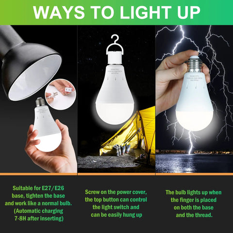 Rechargeable Emergency Light Bulbs Pack of 6, 9W LED with 1200mAh Battery in various uses, including hanging and hand-held.