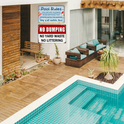 Vintage Pool Rule Sign Metal Tin Outdoor Waterproof Wall Decor For Backyard Bar Or Deck 8 By 12 Inch Non Glare Rustic Pool Rules Sign For Welcome And Safe Poolside Vibes Weatherproof Mountable For Easy Wall Or Gate Hanging installed by pool