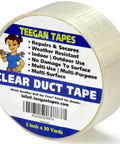 Roll of clear Teegan Tapes with product label, displaying features; Workhorse Filament Tape 2 Inch By 30 Yards Reinforced Packing Tape