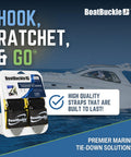 Pro Series Kwik Lok Transom Boat Tie Down Straps 2 Pack 2 Inch By 4 Foot Adjustable Package with boat in background