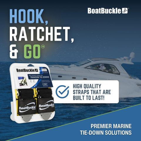 Packaging of Pro Series Kwik Lok Boat Tie Down Straps For Trailers With Boat Pads 2 Pack, 1200 lb strength, with boat background