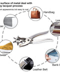 Pro Grade Leather Hole Punch Set For Belts Watch Bands Straps Dog Collars Saddles Shoes Fabric And DIY Projects 9 Inch Handy Punch Tool For Leather Craft And Home Builds, showing metal plier with revolving head and multiple uses.