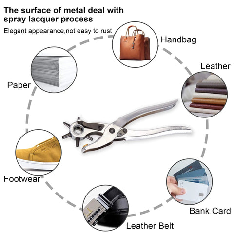 Pro Grade Leather Hole Punch Set For Belts Watch Bands Straps Dog Collars Saddles Shoes Fabric And DIY Projects 9 Inch Handy Punch Tool For Leather Craft And Home Builds, showing metal plier with revolving head and multiple uses.