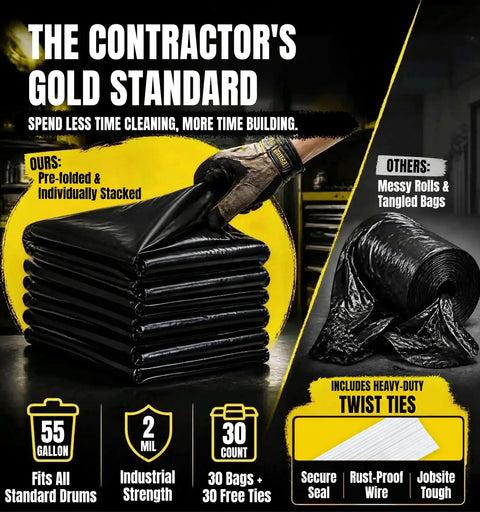 Beefed-Up Heavy Duty 55 Gallon Contractor Garbage Bags 2 Mil Thick, Black, 30 Count, tear-resistant, pre-folded stack view