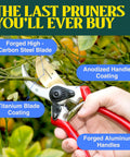 Hand holding 8.5 Inch Titanium Bypass Pruning Shears For Gardening with Japanese grade high-carbon steel blades, ergonomic grip.