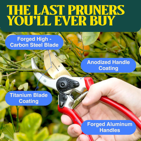 Hand holding 8.5 Inch Titanium Bypass Pruning Shears For Gardening with Japanese grade high-carbon steel blades, ergonomic grip.