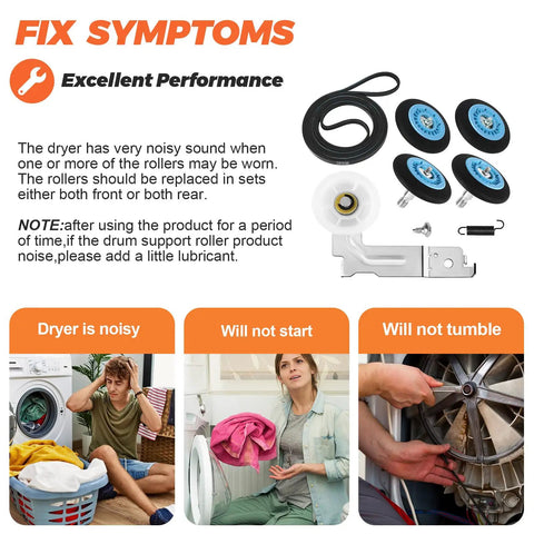 Upgraded Dryer Repair Kit With Drum Rollers Idler Pulley Belt And Self Lubricating Tension Spring Fixes Noise Not Starting Issues