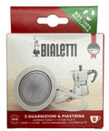 Front view: Bialetti 3 replacement rubber seals and 1 filter plate for 6-cup Moka Express blister pack