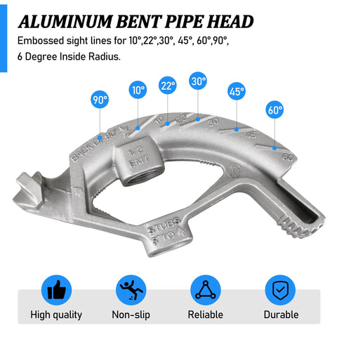 Heavy Duty 1/2 Inch Emt Conduit Bender Head With 3/4 Inch Pipe Handle showing embossed degree markings for precise bends.