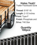 Ride Tough 5/16-18 By 2-1/2 Inch Trailer Deck Screws With T40 Torx Drive And Oil Phosphate Coating For No Fuss Steel Floorboard Installation In 100 Count and trailer background.