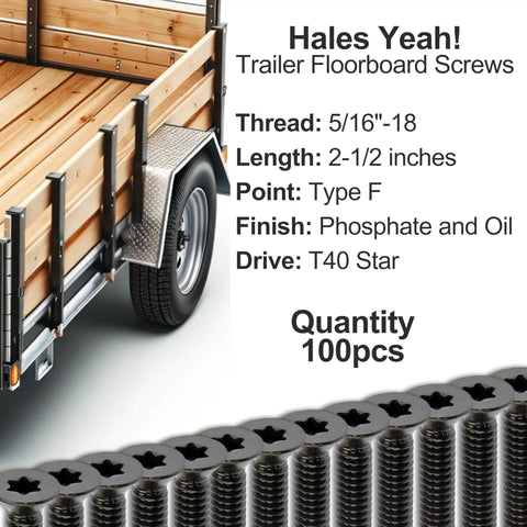 Ride Tough 5/16-18 By 2-1/2 Inch Trailer Deck Screws With T40 Torx Drive And Oil Phosphate Coating For No Fuss Steel Floorboard Installation In 100 Count and trailer background.