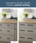 Before and after of kitchen cabinets with Champagne Bronze Go-To Cabinet Drawer Pulls 5 Pack for easy install.