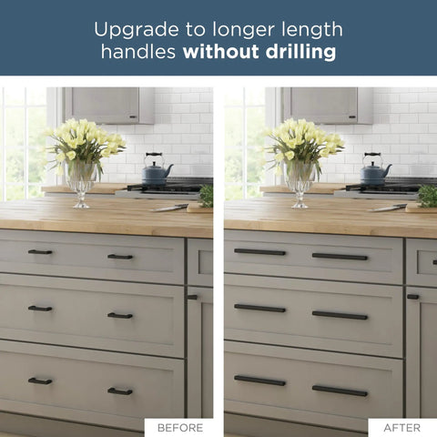 Before and after of kitchen cabinets with Champagne Bronze Go-To Cabinet Drawer Pulls 5 Pack for easy install.