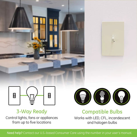 Image of Z-Wave Plus Smart Dimmer with QuickFit and SimpleWire installed in a modern kitchen, showcasing 3-way and bulb compatibility.