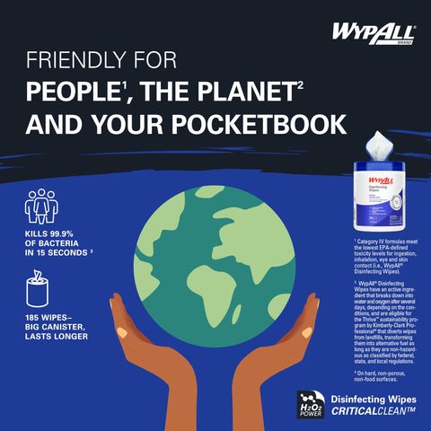 Hands holding Earth with Disinfecting Wipes With Hydrogen Peroxide Cleaner Fresh Scent 5.75 X 7 Inches Pro Grade Sanitizing Wipes image.